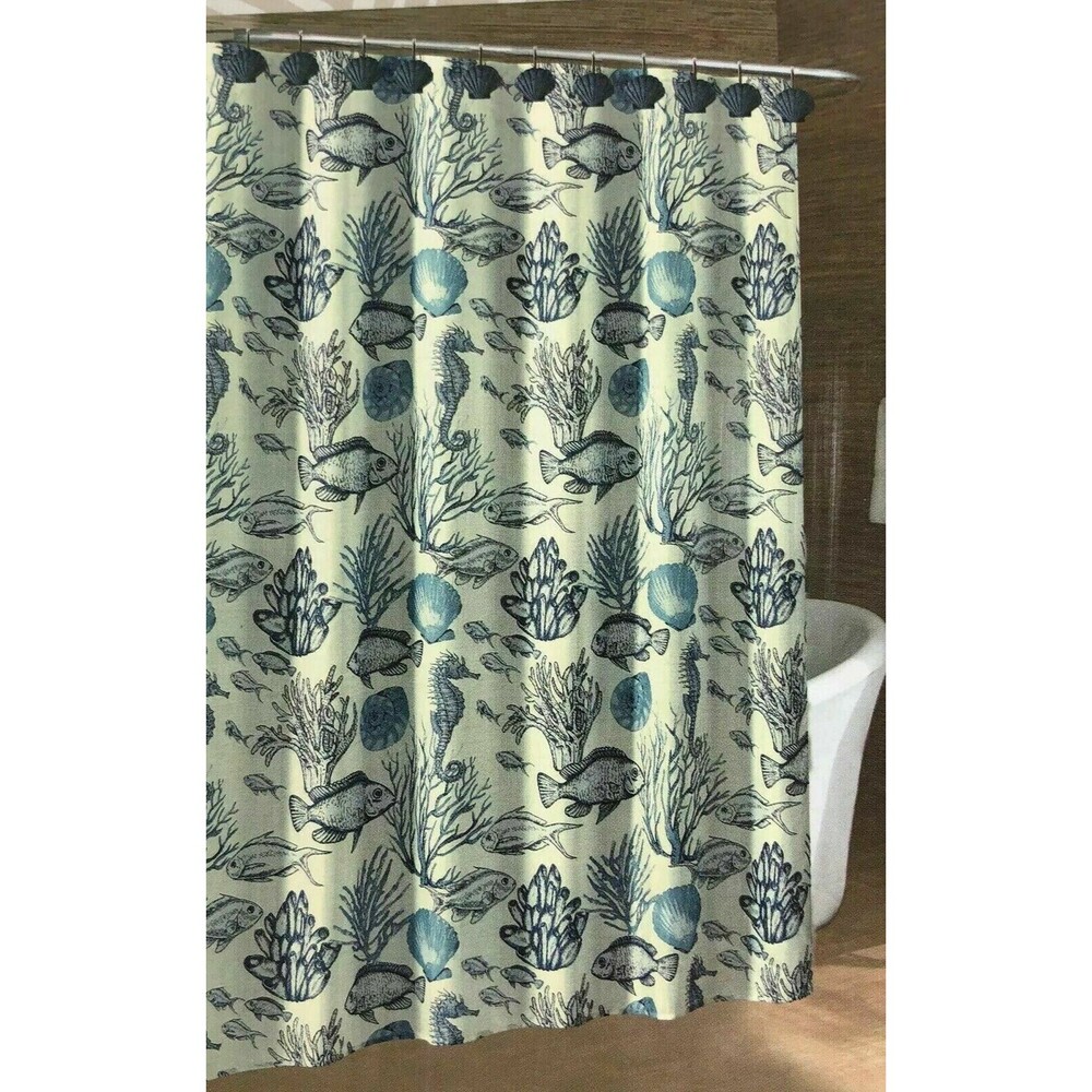 Caribbean Joe Deep Sea Seahorse Coastal Fabric Shower Curtain and 12 Shell Hooks